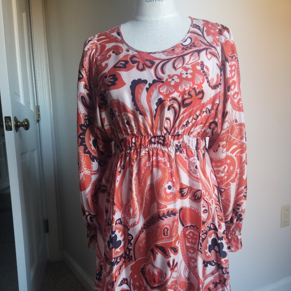 See By Chloe orange/ red Paisley 100% Silk Boho Long Sleeve Dress Women's Size 8